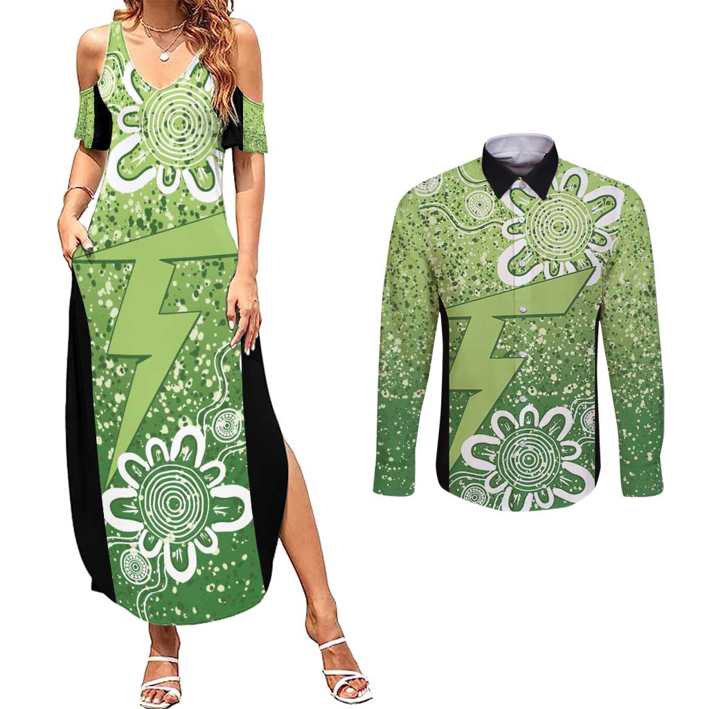 Australian Thunder Cricket Custom Couples Matching Summer Maxi Dress and Long Sleeve Button Shirt Minimalism Aboriginal