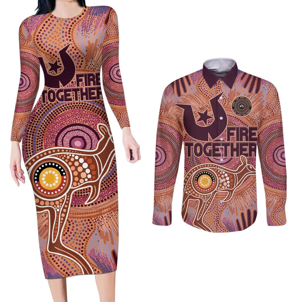 Fire Together NAIDOC 2024 Couples Matching Long Sleeve Bodycon Dress and Long Sleeve Button Shirt Indigenous Cultural Spirit