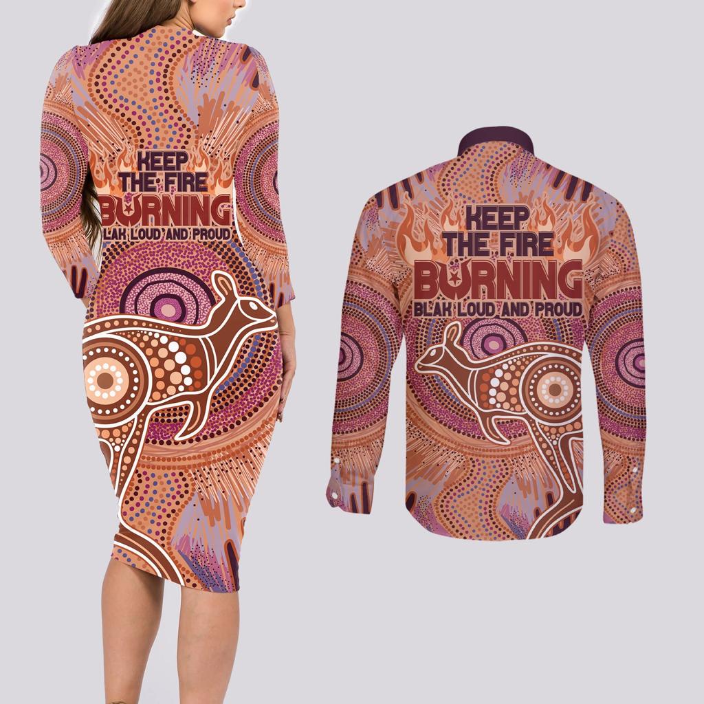 Fire Together NAIDOC 2024 Couples Matching Long Sleeve Bodycon Dress and Long Sleeve Button Shirt Indigenous Cultural Spirit