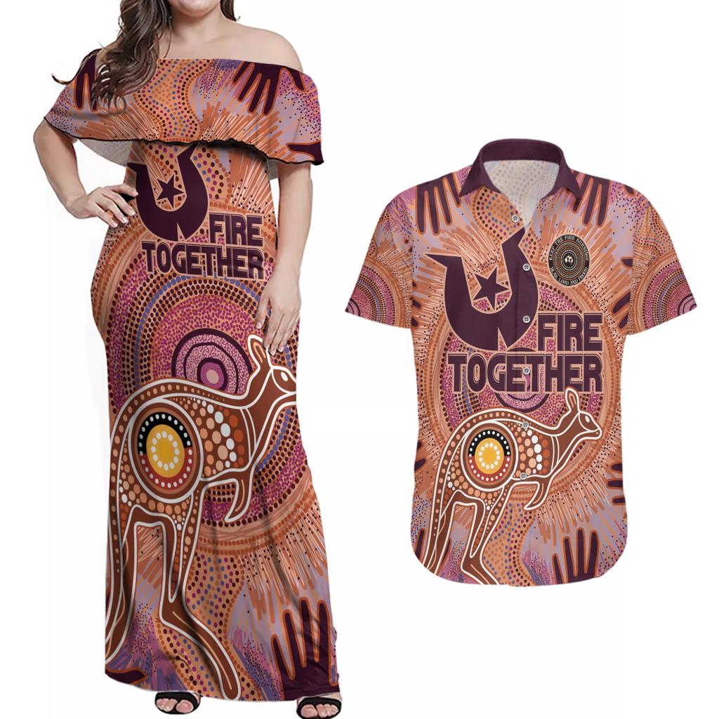 Fire Together NAIDOC 2024 Couples Matching Off Shoulder Maxi Dress and Hawaiian Shirt Indigenous Cultural Spirit