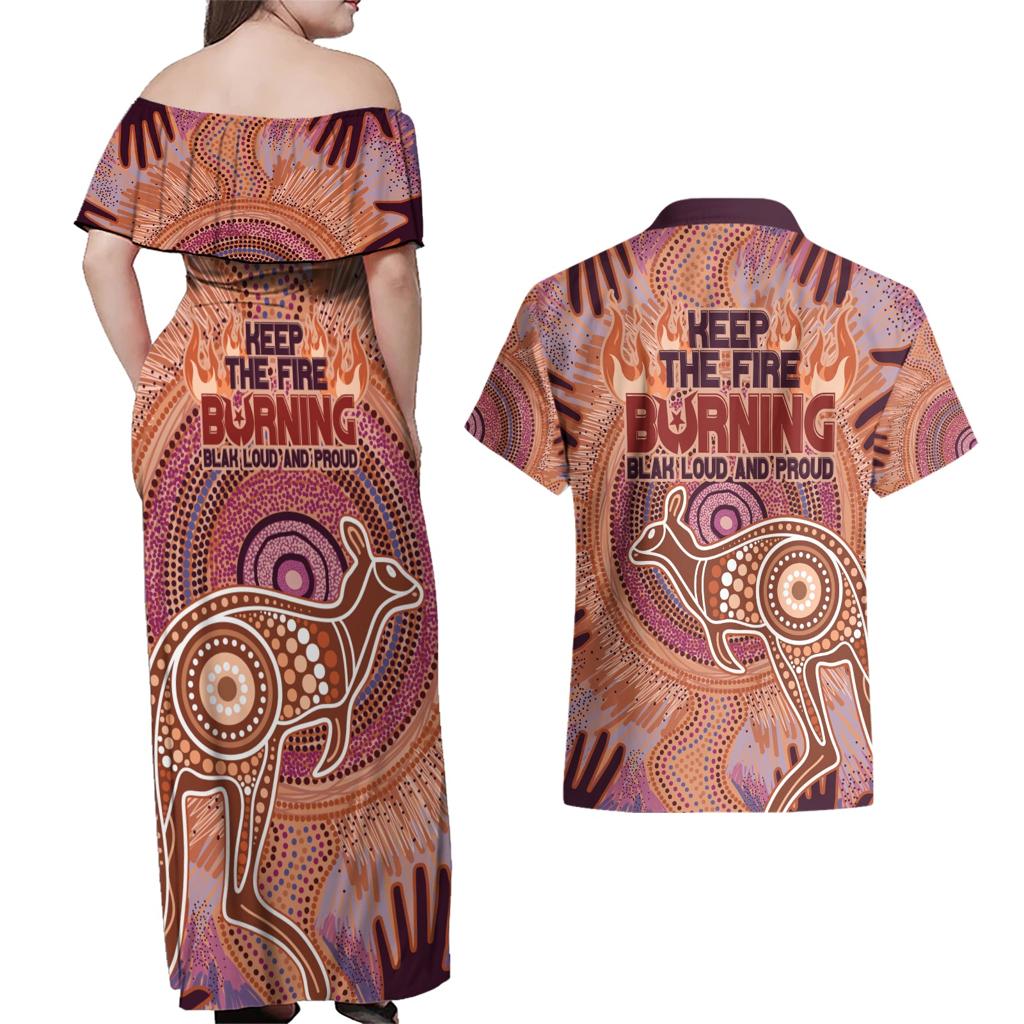 Fire Together NAIDOC 2024 Couples Matching Off Shoulder Maxi Dress and Hawaiian Shirt Indigenous Cultural Spirit
