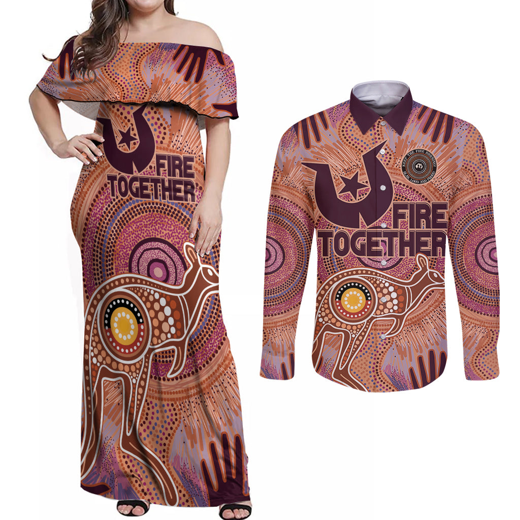 Fire Together NAIDOC 2024 Couples Matching Off Shoulder Maxi Dress and Long Sleeve Button Shirt Indigenous Cultural Spirit