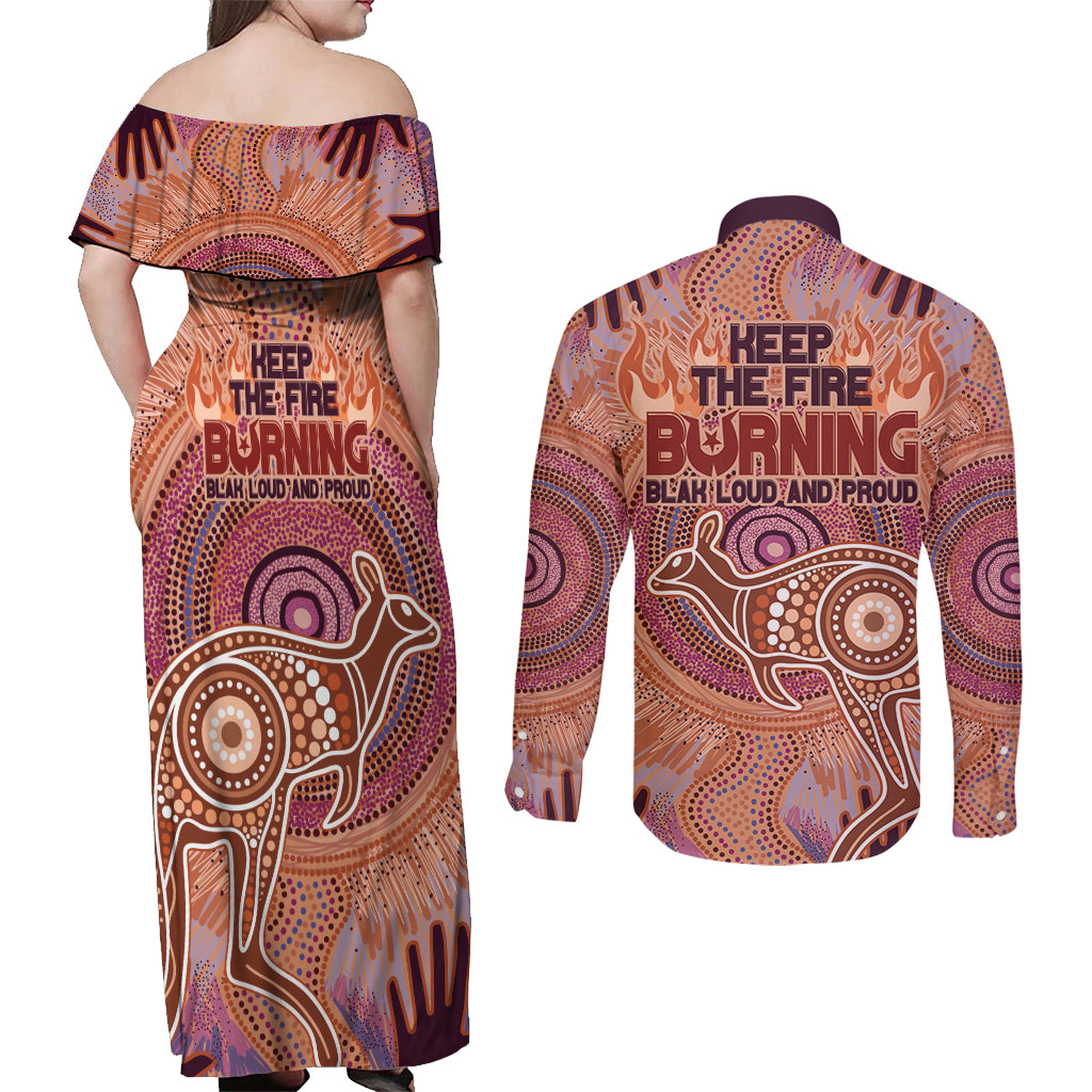 Fire Together NAIDOC 2024 Couples Matching Off Shoulder Maxi Dress and Long Sleeve Button Shirt Indigenous Cultural Spirit