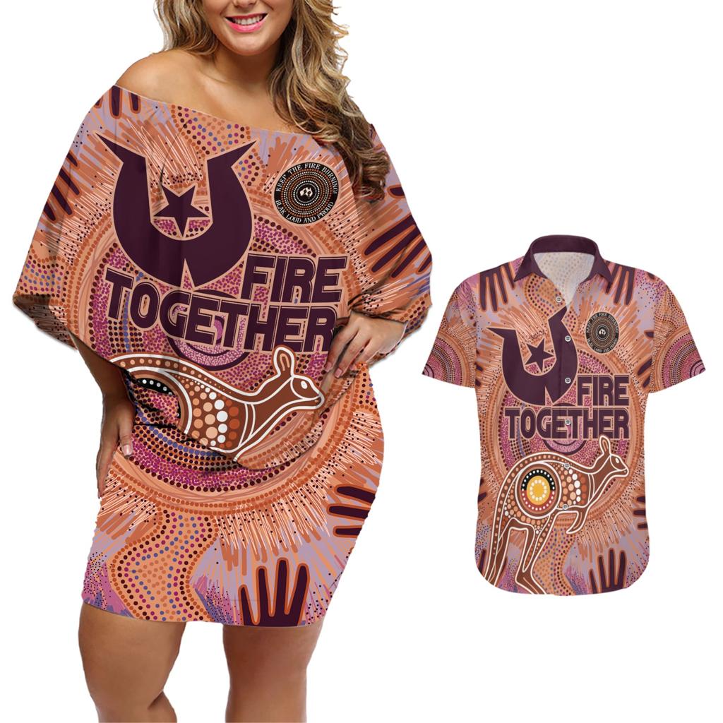 Fire Together NAIDOC 2024 Couples Matching Off Shoulder Short Dress and Hawaiian Shirt Indigenous Cultural Spirit