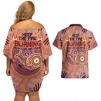 Fire Together NAIDOC 2024 Couples Matching Off Shoulder Short Dress and Hawaiian Shirt Indigenous Cultural Spirit