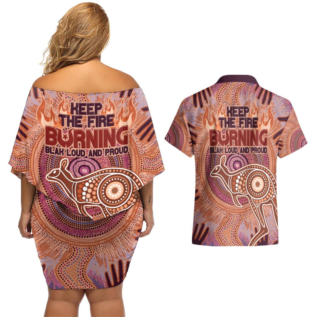 Fire Together NAIDOC 2024 Couples Matching Off Shoulder Short Dress and Hawaiian Shirt Indigenous Cultural Spirit