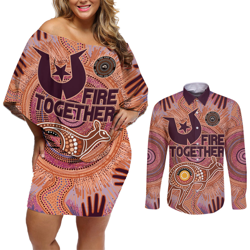 Fire Together NAIDOC 2024 Couples Matching Off Shoulder Short Dress and Long Sleeve Button Shirt Indigenous Cultural Spirit