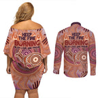 Fire Together NAIDOC 2024 Couples Matching Off Shoulder Short Dress and Long Sleeve Button Shirt Indigenous Cultural Spirit