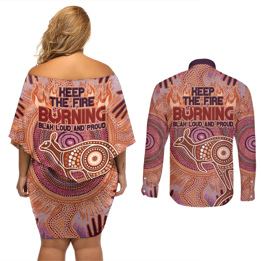 Fire Together NAIDOC 2024 Couples Matching Off Shoulder Short Dress and Long Sleeve Button Shirt Indigenous Cultural Spirit