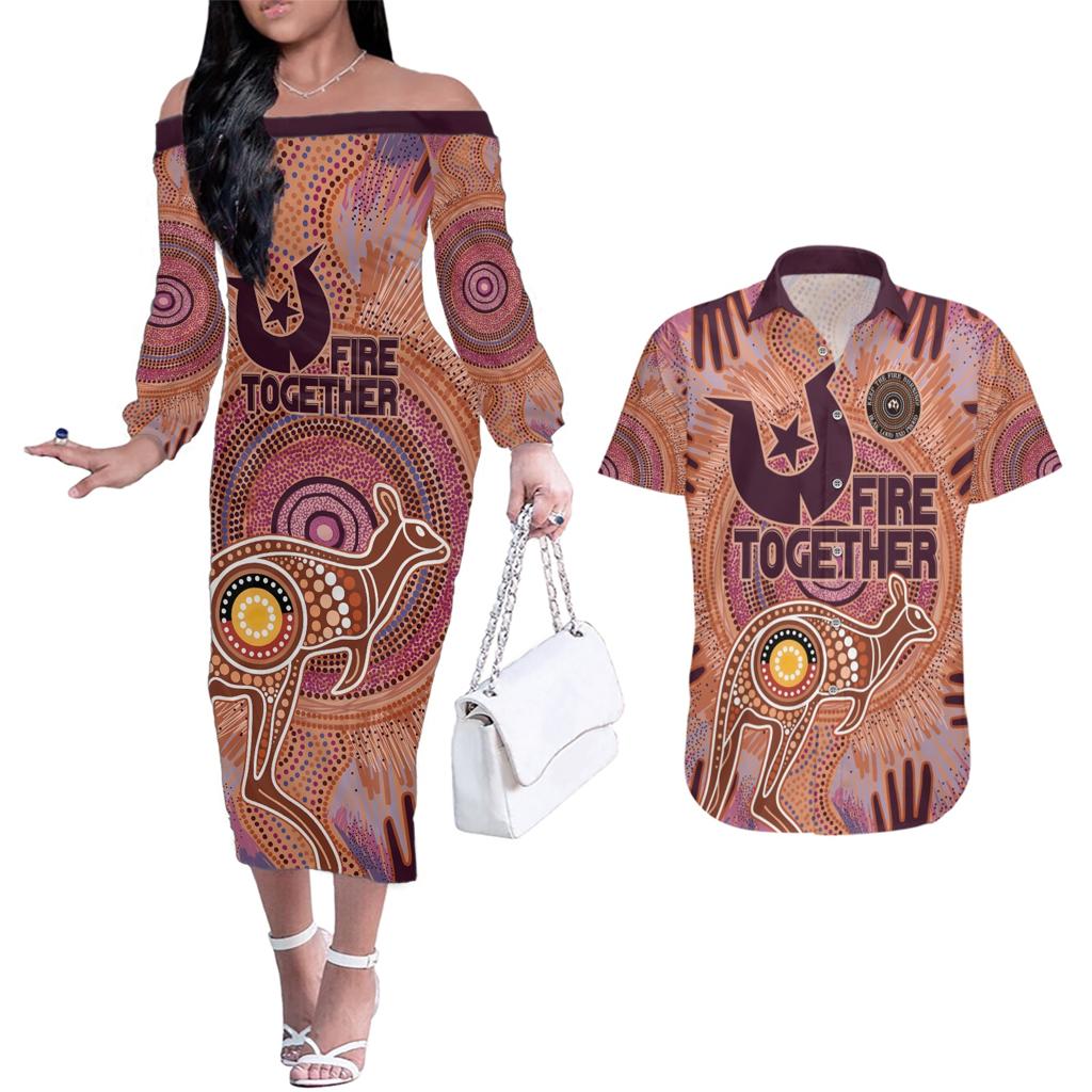 Fire Together NAIDOC 2024 Couples Matching Off The Shoulder Long Sleeve Dress and Hawaiian Shirt Indigenous Cultural Spirit