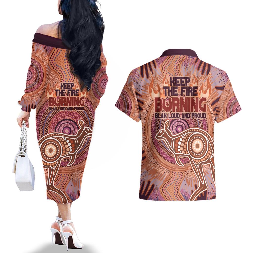 Fire Together NAIDOC 2024 Couples Matching Off The Shoulder Long Sleeve Dress and Hawaiian Shirt Indigenous Cultural Spirit