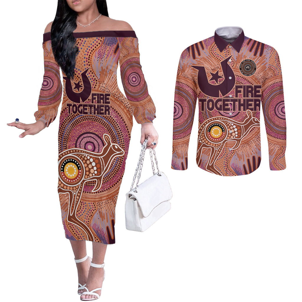 Fire Together NAIDOC 2024 Couples Matching Off The Shoulder Long Sleeve Dress and Long Sleeve Button Shirt Indigenous Cultural Spirit