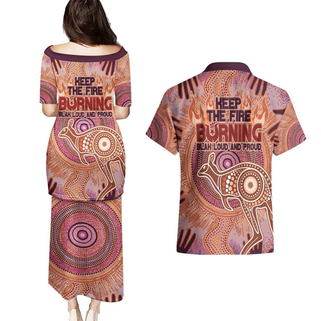 Fire Together NAIDOC 2024 Couples Matching Puletasi and Hawaiian Shirt Indigenous Cultural Spirit