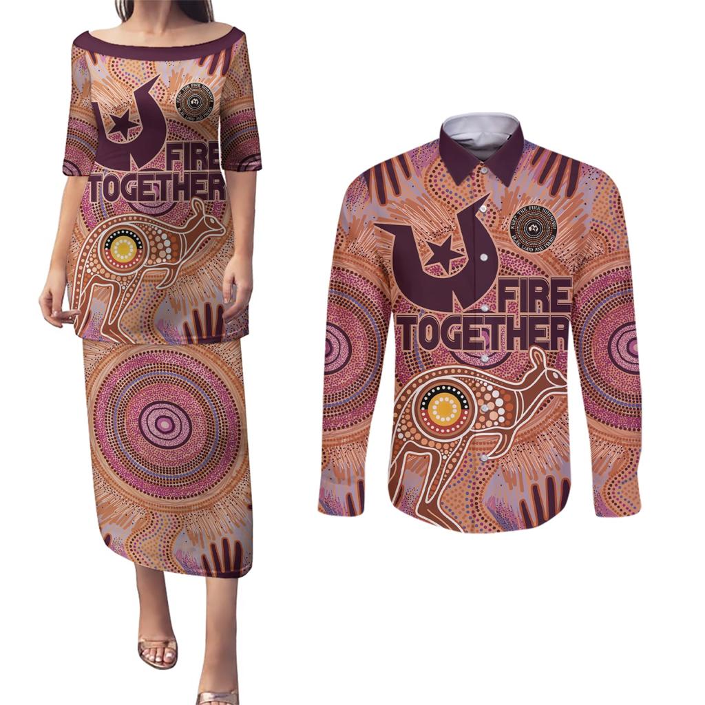 Fire Together NAIDOC 2024 Couples Matching Puletasi and Long Sleeve Button Shirt Indigenous Cultural Spirit