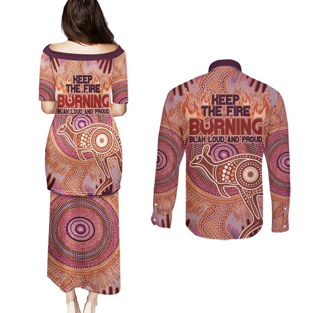 Fire Together NAIDOC 2024 Couples Matching Puletasi and Long Sleeve Button Shirt Indigenous Cultural Spirit