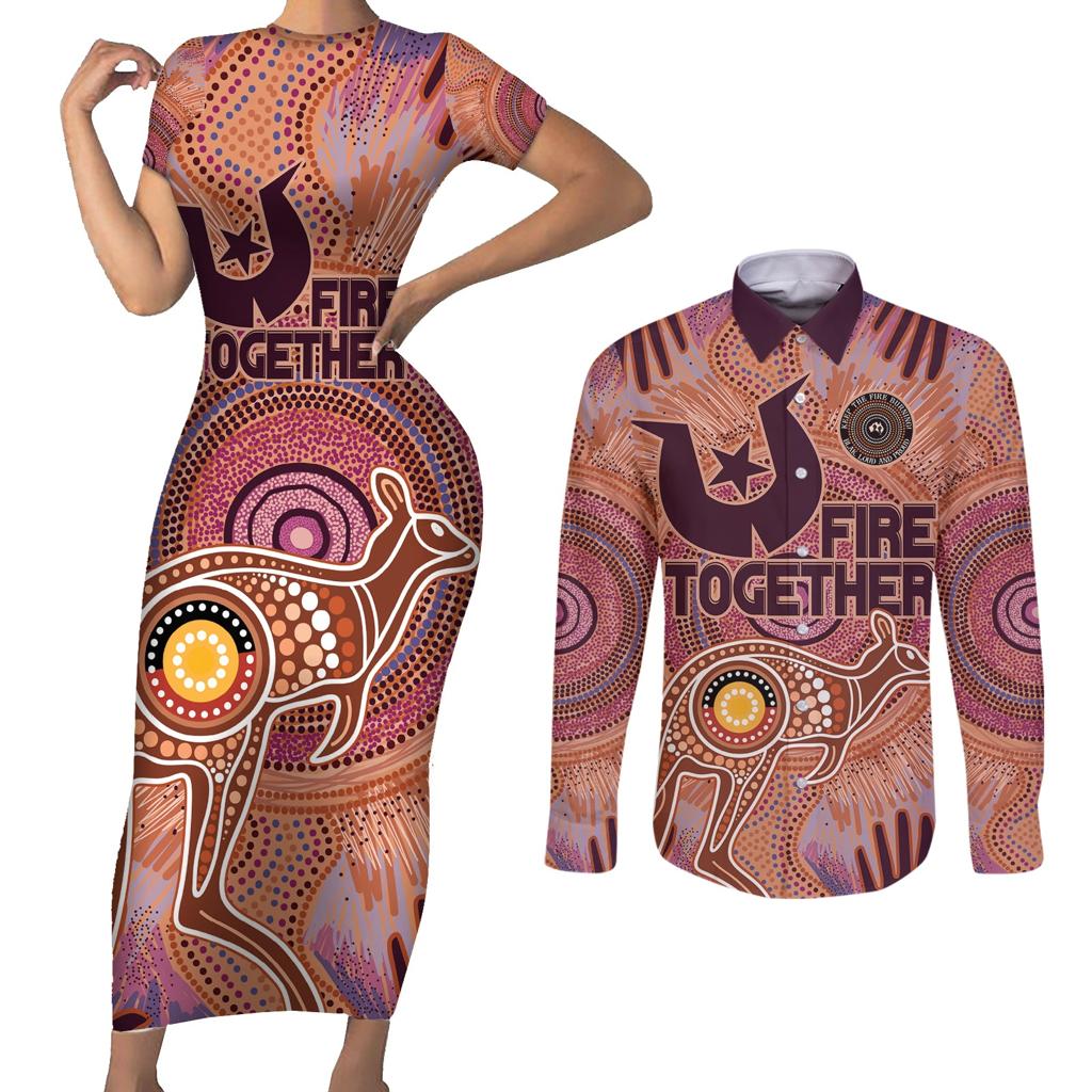 Fire Together NAIDOC 2024 Couples Matching Short Sleeve Bodycon Dress and Long Sleeve Button Shirt Indigenous Cultural Spirit