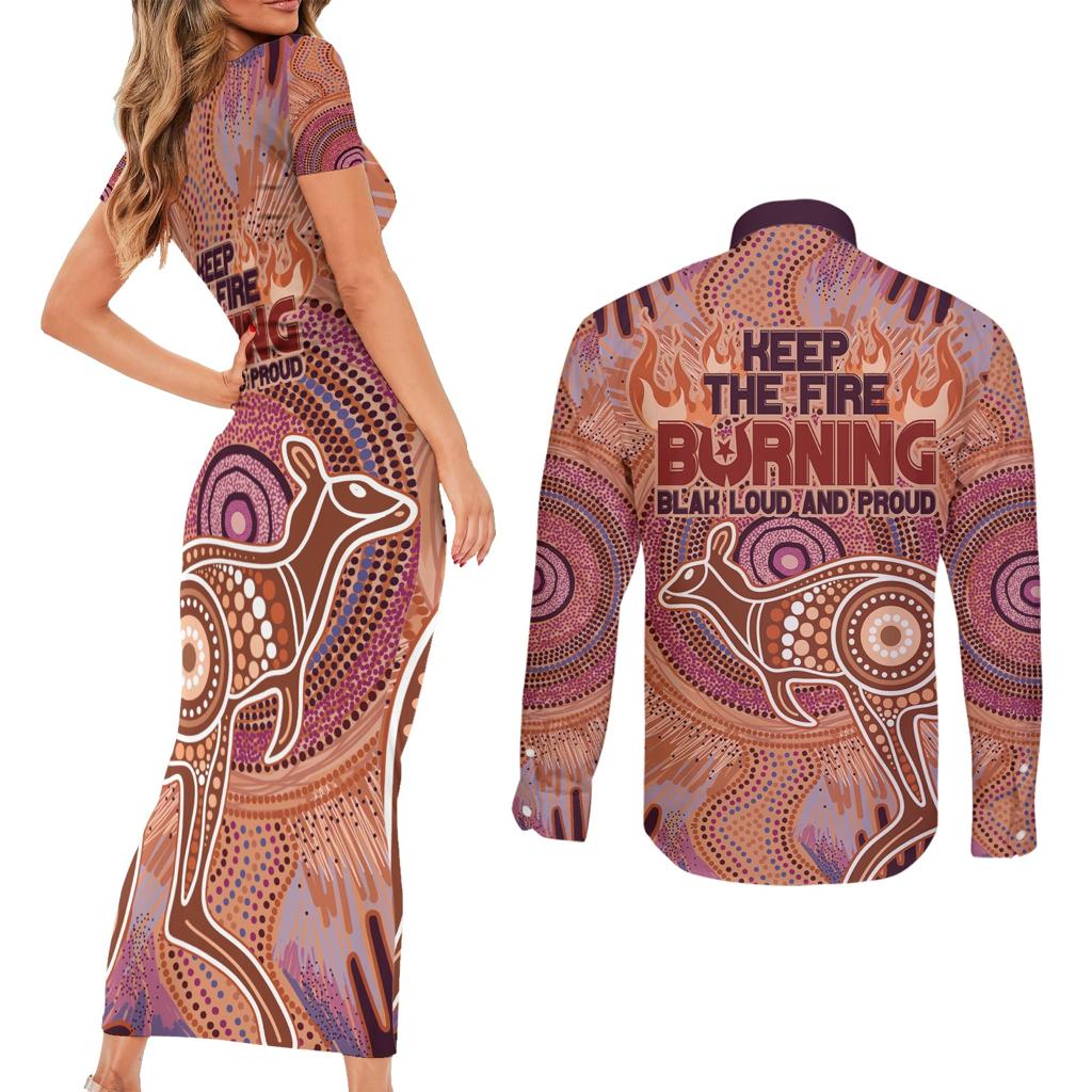 Fire Together NAIDOC 2024 Couples Matching Short Sleeve Bodycon Dress and Long Sleeve Button Shirt Indigenous Cultural Spirit