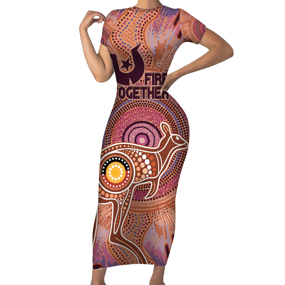 Fire Together NAIDOC 2024 Short Sleeve Bodycon Dress Indigenous Cultural Spirit