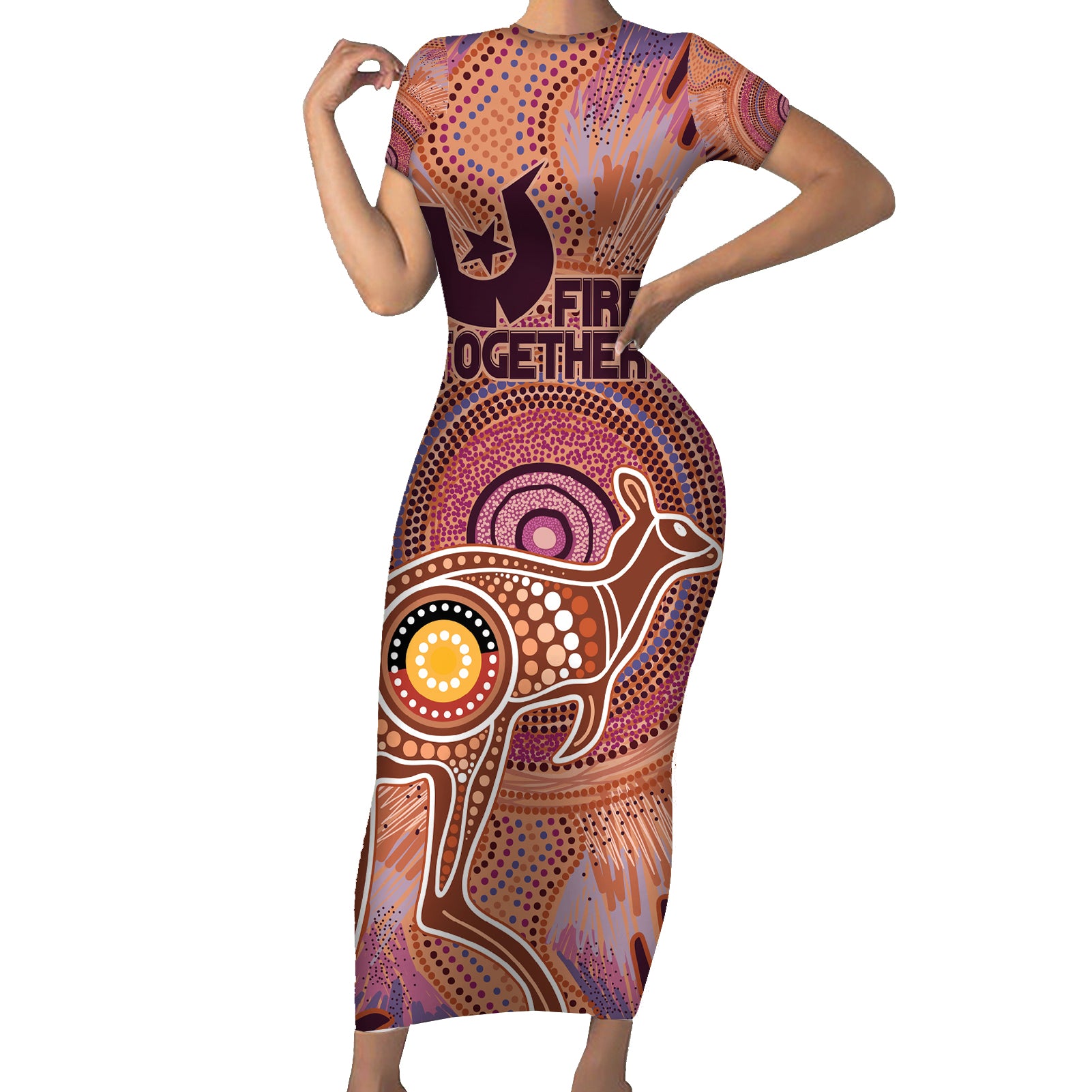 Fire Together NAIDOC 2024 Short Sleeve Bodycon Dress Indigenous Cultural Spirit