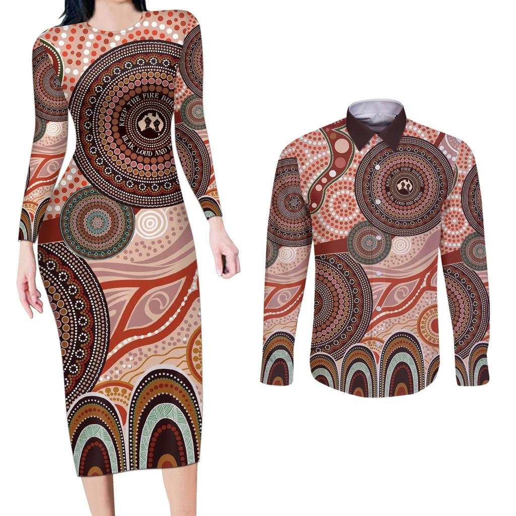 Generational Warriors NAIDOC 2024 Couples Matching Long Sleeve Bodycon Dress and Long Sleeve Button Shirt Make a Fire Indigenous Cultural Spirit