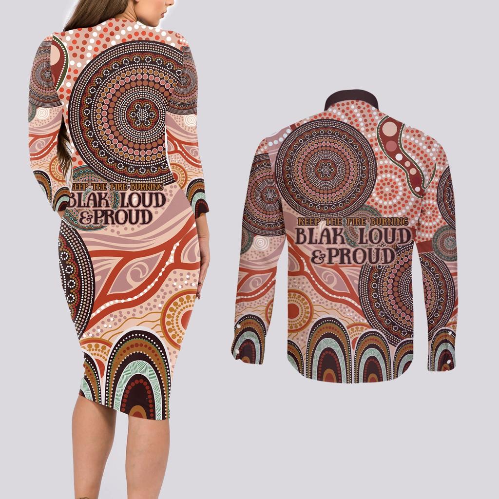 Generational Warriors NAIDOC 2024 Couples Matching Long Sleeve Bodycon Dress and Long Sleeve Button Shirt Make a Fire Indigenous Cultural Spirit