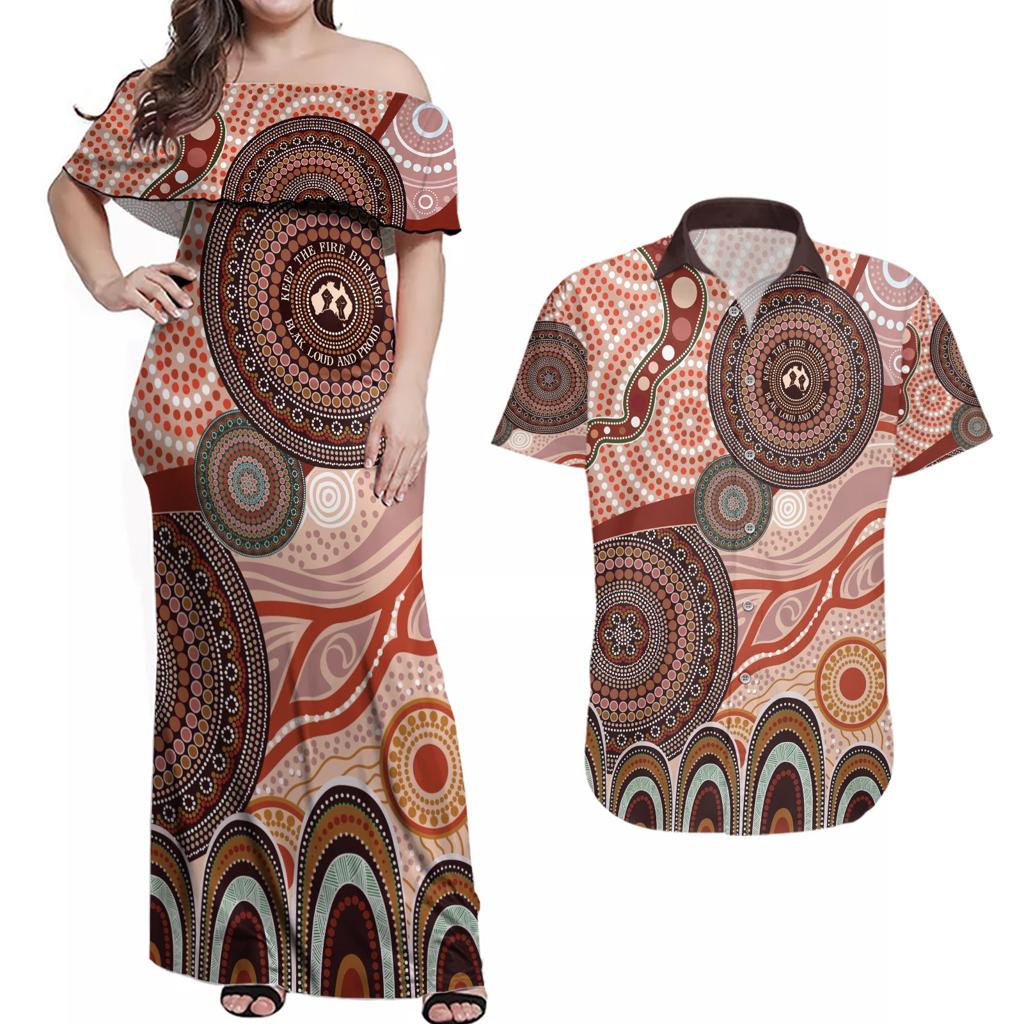 Generational Warriors NAIDOC 2024 Couples Matching Off Shoulder Maxi Dress and Hawaiian Shirt Make a Fire Indigenous Cultural Spirit