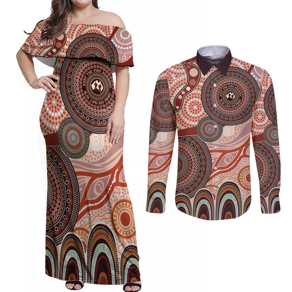 Generational Warriors NAIDOC 2024 Couples Matching Off Shoulder Maxi Dress and Long Sleeve Button Shirt Make a Fire Indigenous Cultural Spirit