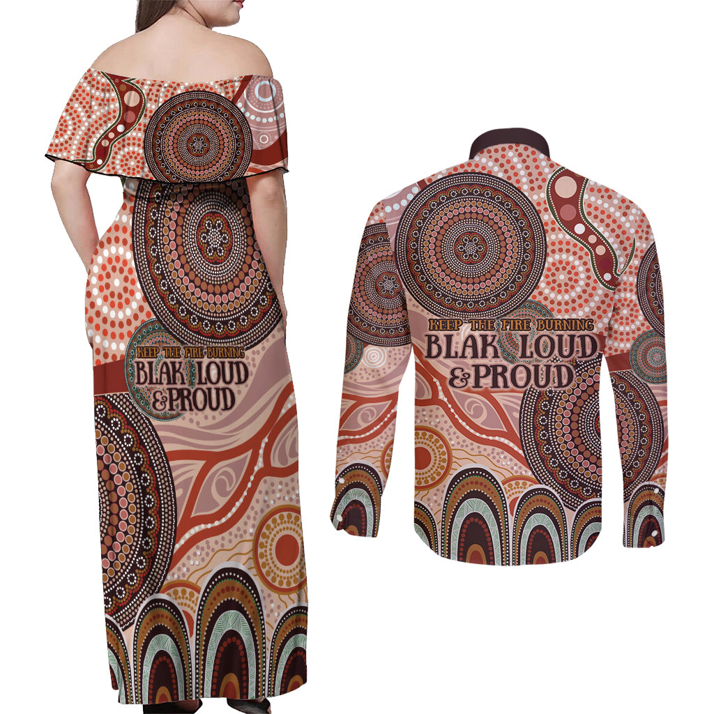 Generational Warriors NAIDOC 2024 Couples Matching Off Shoulder Maxi Dress and Long Sleeve Button Shirt Make a Fire Indigenous Cultural Spirit