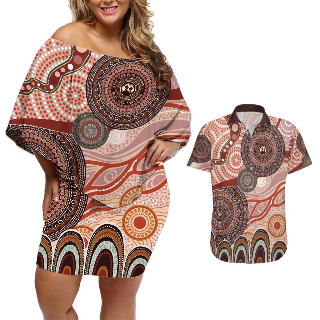 Generational Warriors NAIDOC 2024 Couples Matching Off Shoulder Short Dress and Hawaiian Shirt Make a Fire Indigenous Cultural Spirit