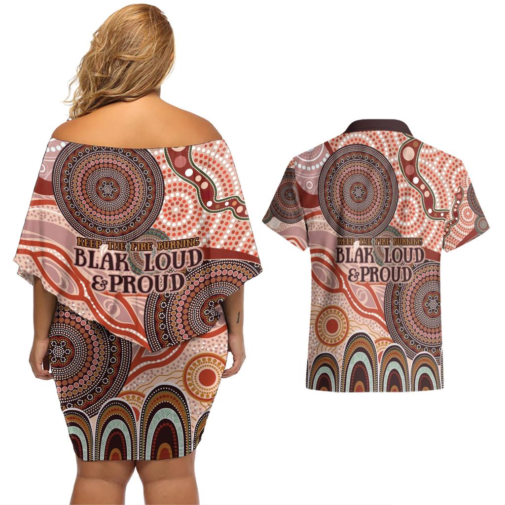 Generational Warriors NAIDOC 2024 Couples Matching Off Shoulder Short Dress and Hawaiian Shirt Make a Fire Indigenous Cultural Spirit