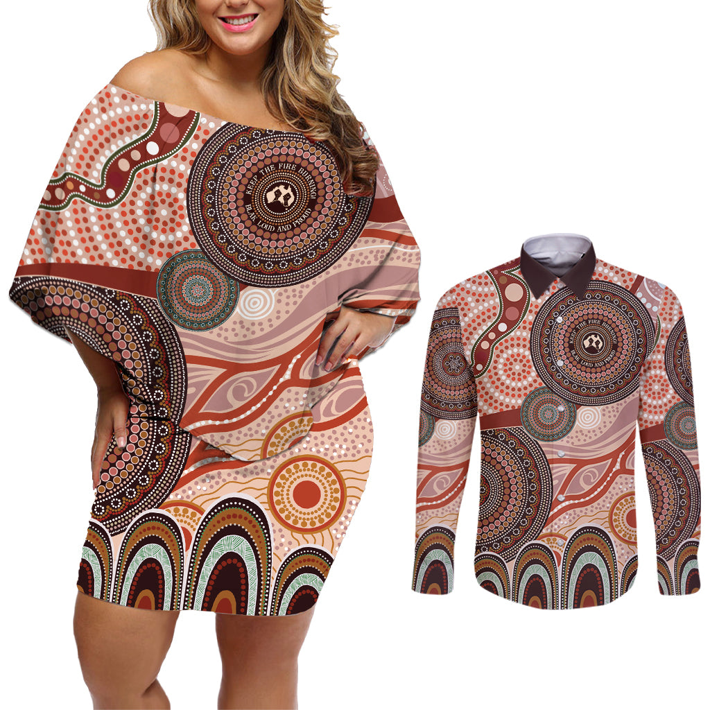 Generational Warriors NAIDOC 2024 Couples Matching Off Shoulder Short Dress and Long Sleeve Button Shirt Make a Fire Indigenous Cultural Spirit