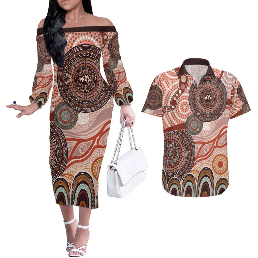 Generational Warriors NAIDOC 2024 Couples Matching Off The Shoulder Long Sleeve Dress and Hawaiian Shirt Make a Fire Indigenous Cultural Spirit