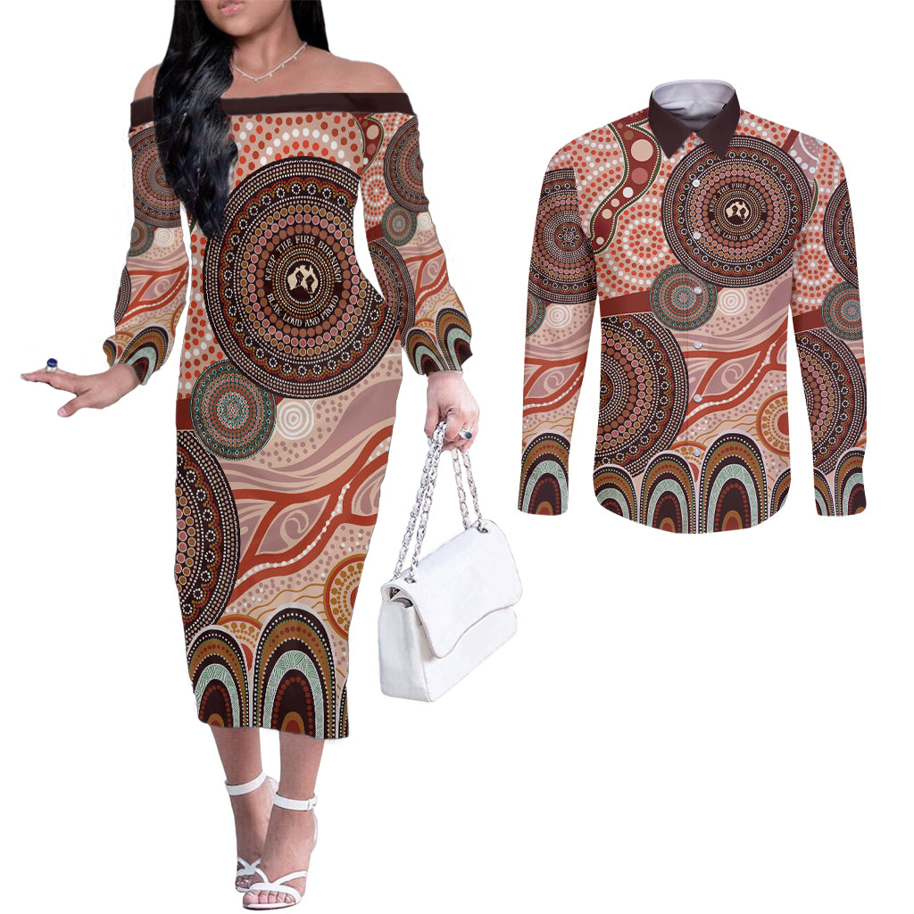 Generational Warriors NAIDOC 2024 Couples Matching Off The Shoulder Long Sleeve Dress and Long Sleeve Button Shirt Make a Fire Indigenous Cultural Spirit