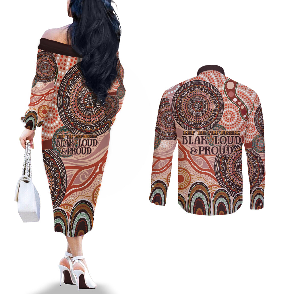 Generational Warriors NAIDOC 2024 Couples Matching Off The Shoulder Long Sleeve Dress and Long Sleeve Button Shirt Make a Fire Indigenous Cultural Spirit