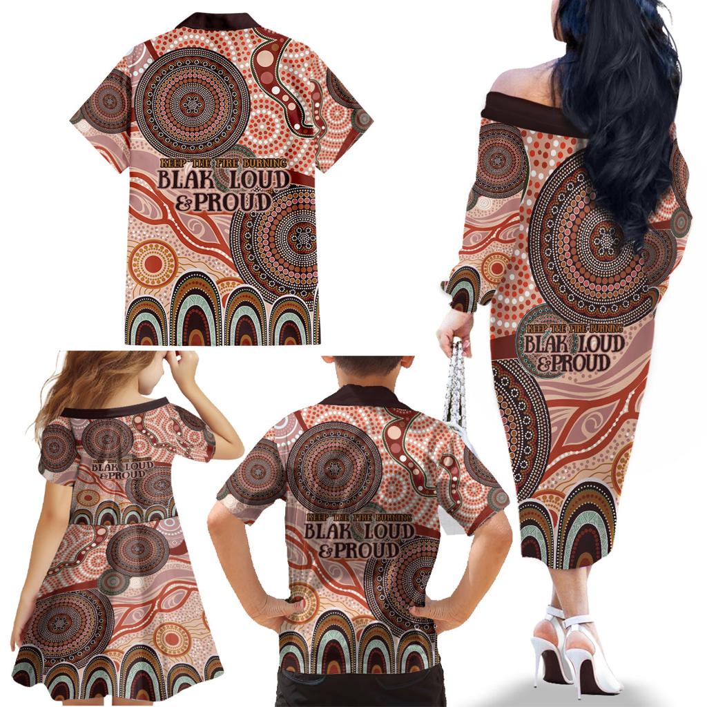 Generational Warriors NAIDOC 2024 Family Matching Off Shoulder Long Sleeve Dress and Hawaiian Shirt Make a Fire Indigenous Cultural Spirit