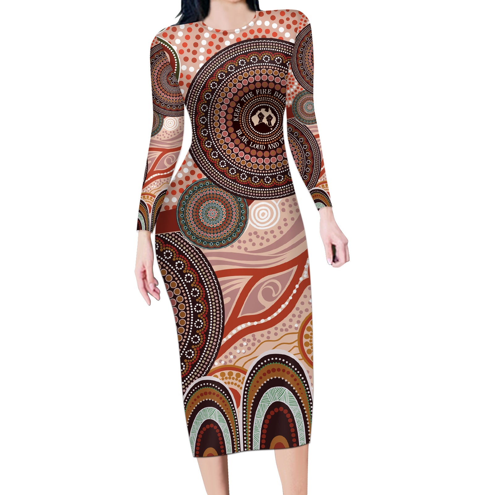 Generational Warriors NAIDOC 2024 Long Sleeve Bodycon Dress Make a Fire Indigenous Cultural Spirit