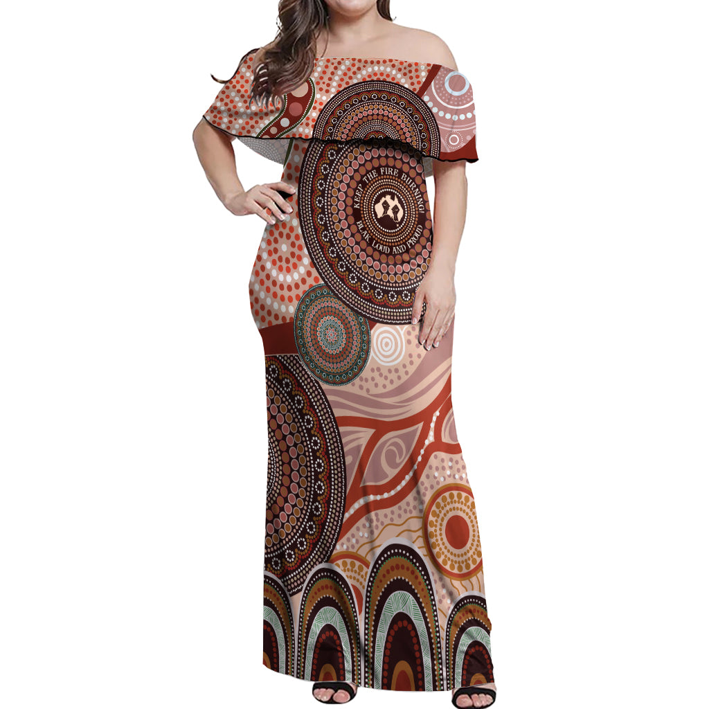 Generational Warriors NAIDOC 2024 Off Shoulder Maxi Dress Make a Fire Indigenous Cultural Spirit