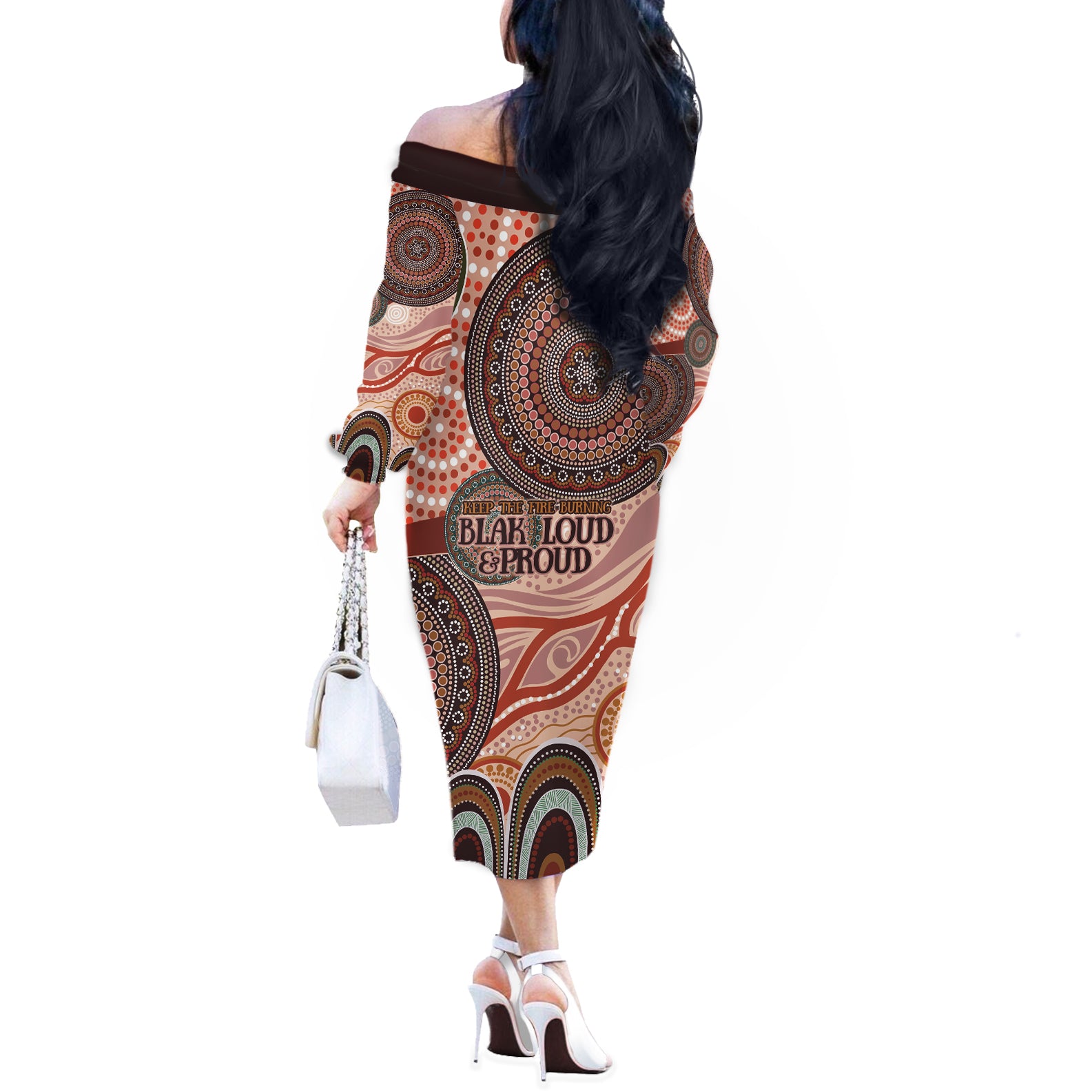 Generational Warriors NAIDOC 2024 Off The Shoulder Long Sleeve Dress Make a Fire Indigenous Cultural Spirit