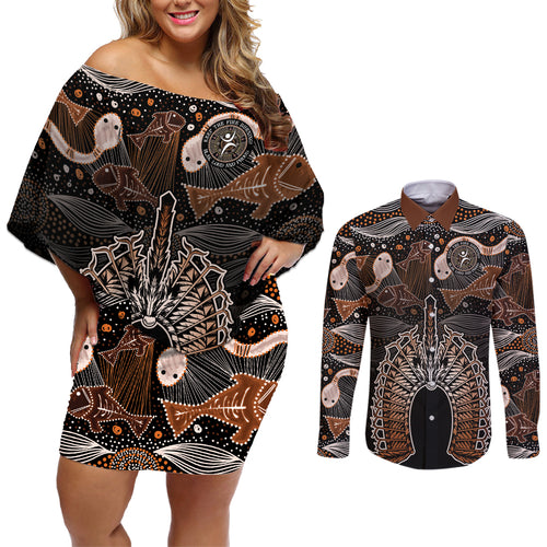 Torres Strait Islander NAIDOC 2024 Couples Matching Off Shoulder Short Dress and Long Sleeve Button Shirt Dhari Headdress Indigenous Cultural Spirit
