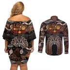 Torres Strait Islander NAIDOC 2024 Couples Matching Off Shoulder Short Dress and Long Sleeve Button Shirt Dhari Headdress Indigenous Cultural Spirit
