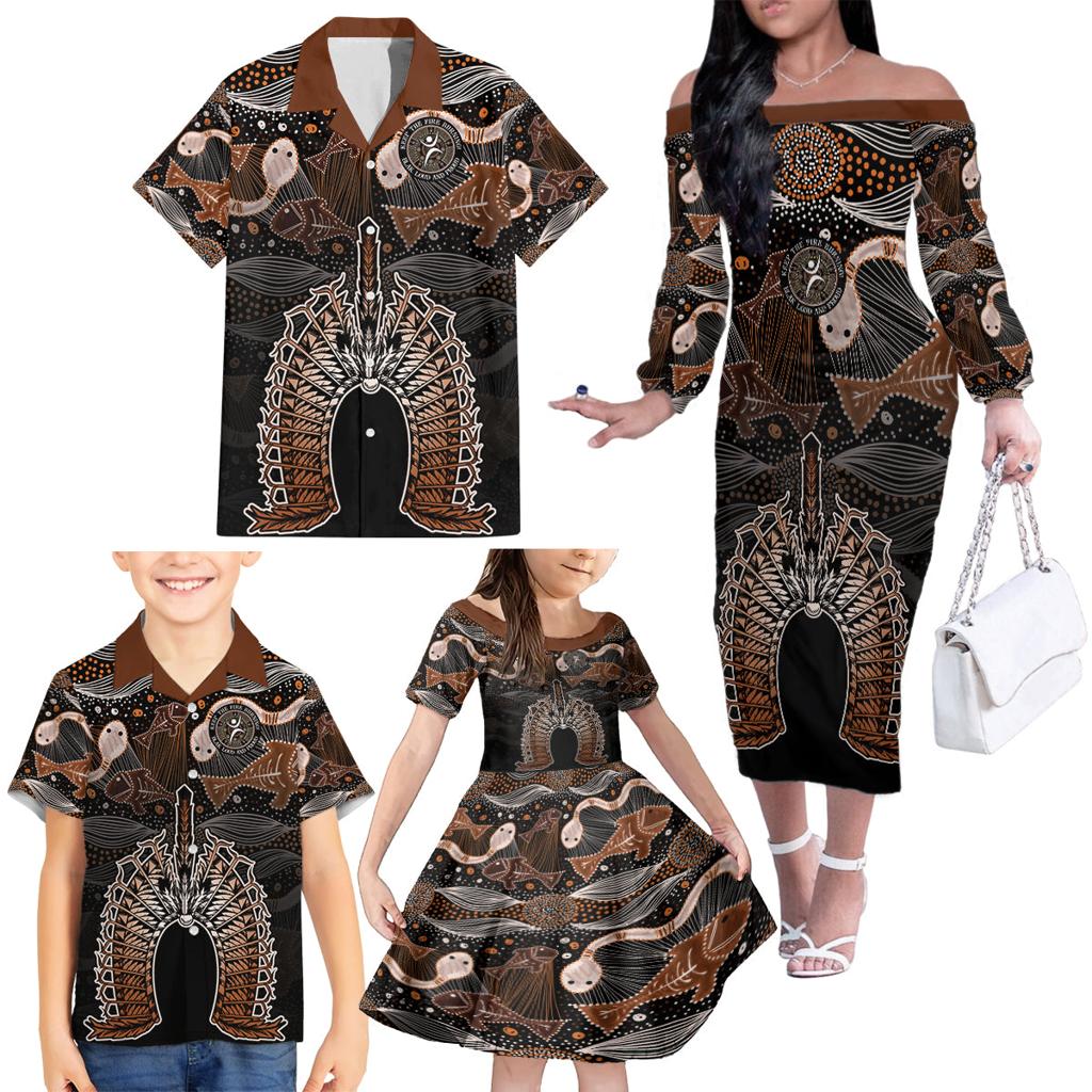 Torres Strait Islander NAIDOC 2024 Family Matching Off Shoulder Long Sleeve Dress and Hawaiian Shirt Dhari Headdress Indigenous Cultural Spirit