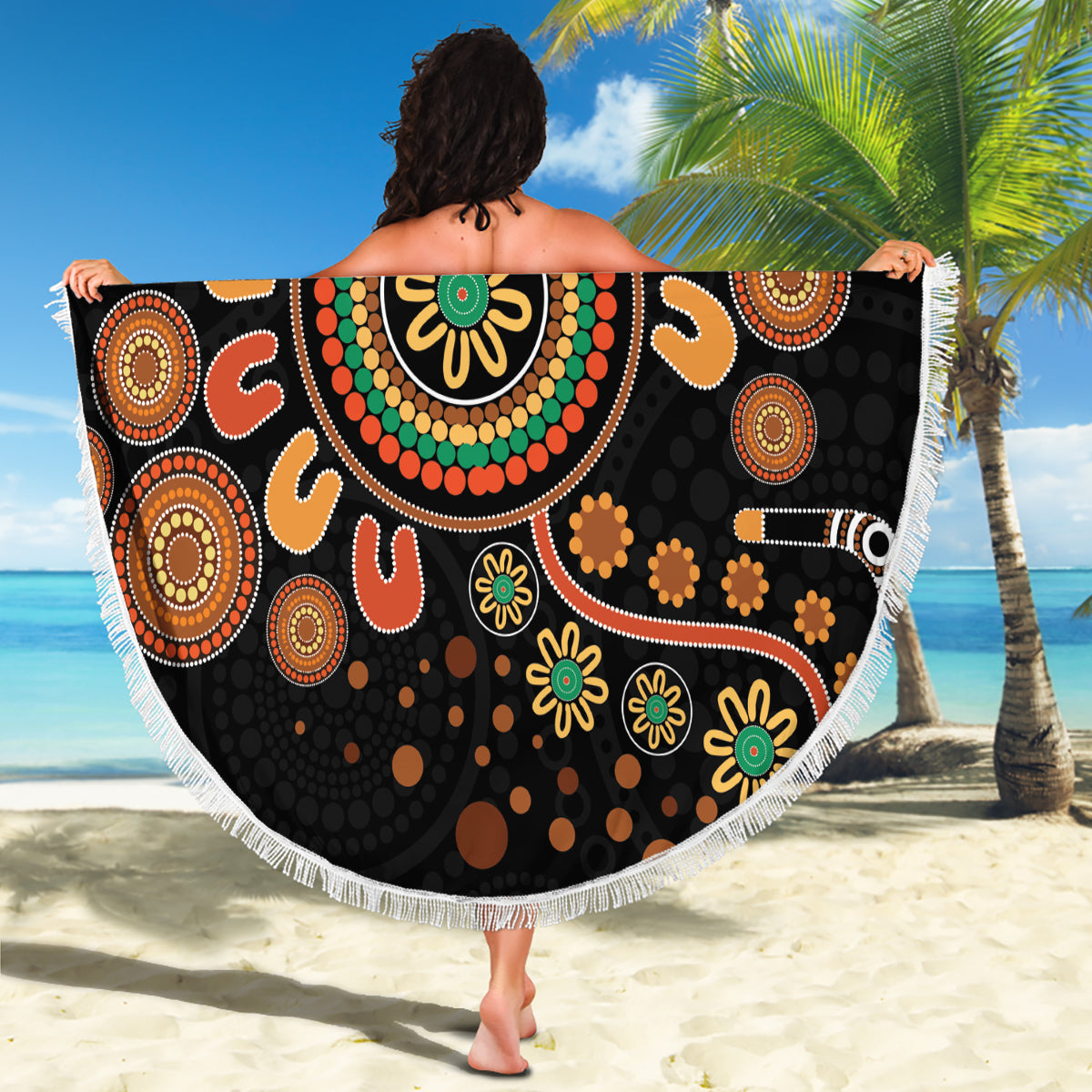Aboriginal Dots Art Painting With Boomerang Beach Blanket