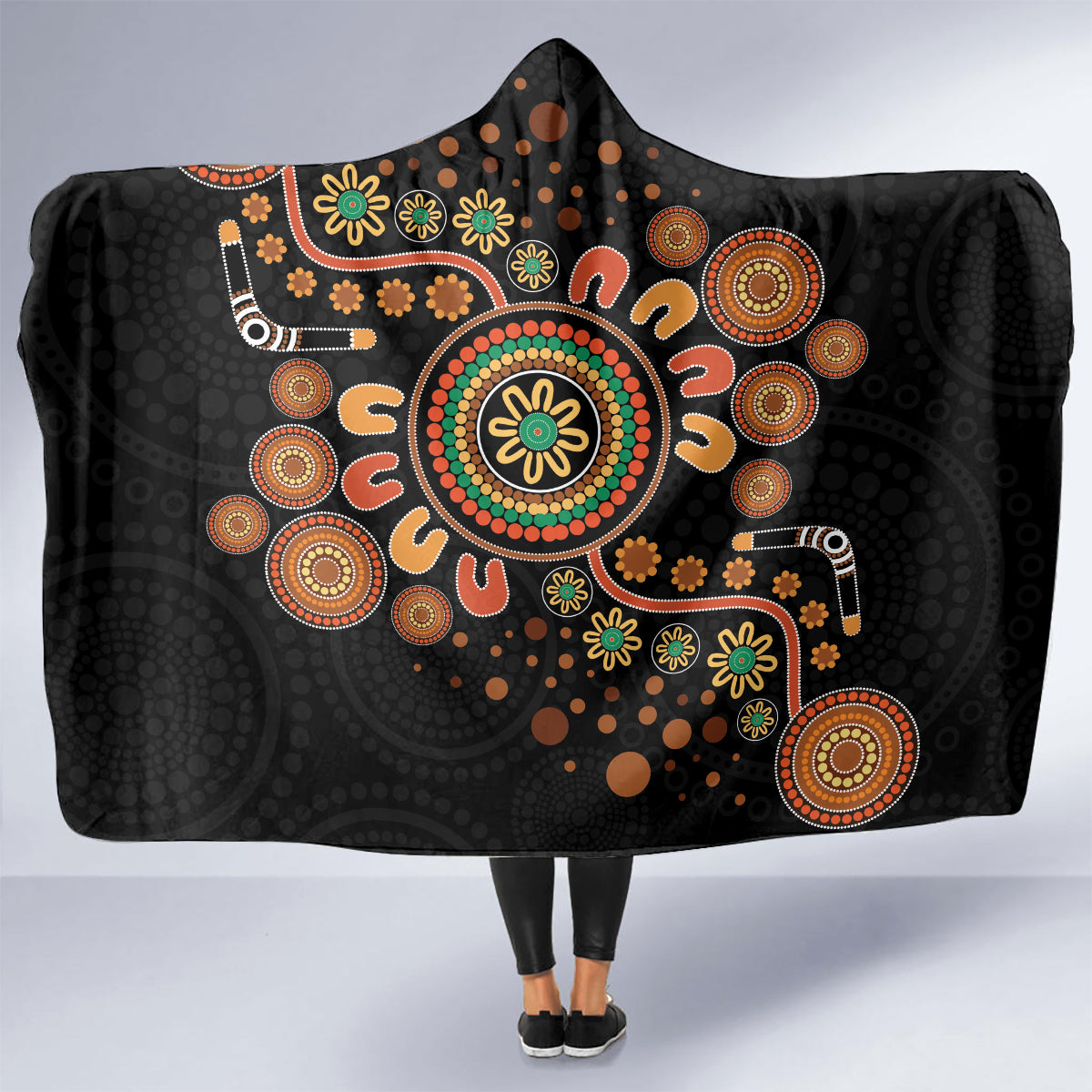 Aboriginal Dots Art Painting With Boomerang Hooded Blanket