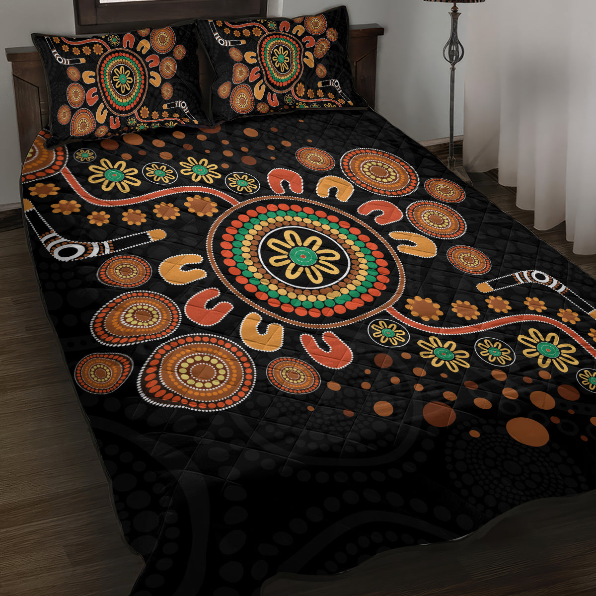 Aboriginal Dots Art Painting With Boomerang Quilt Bed Set