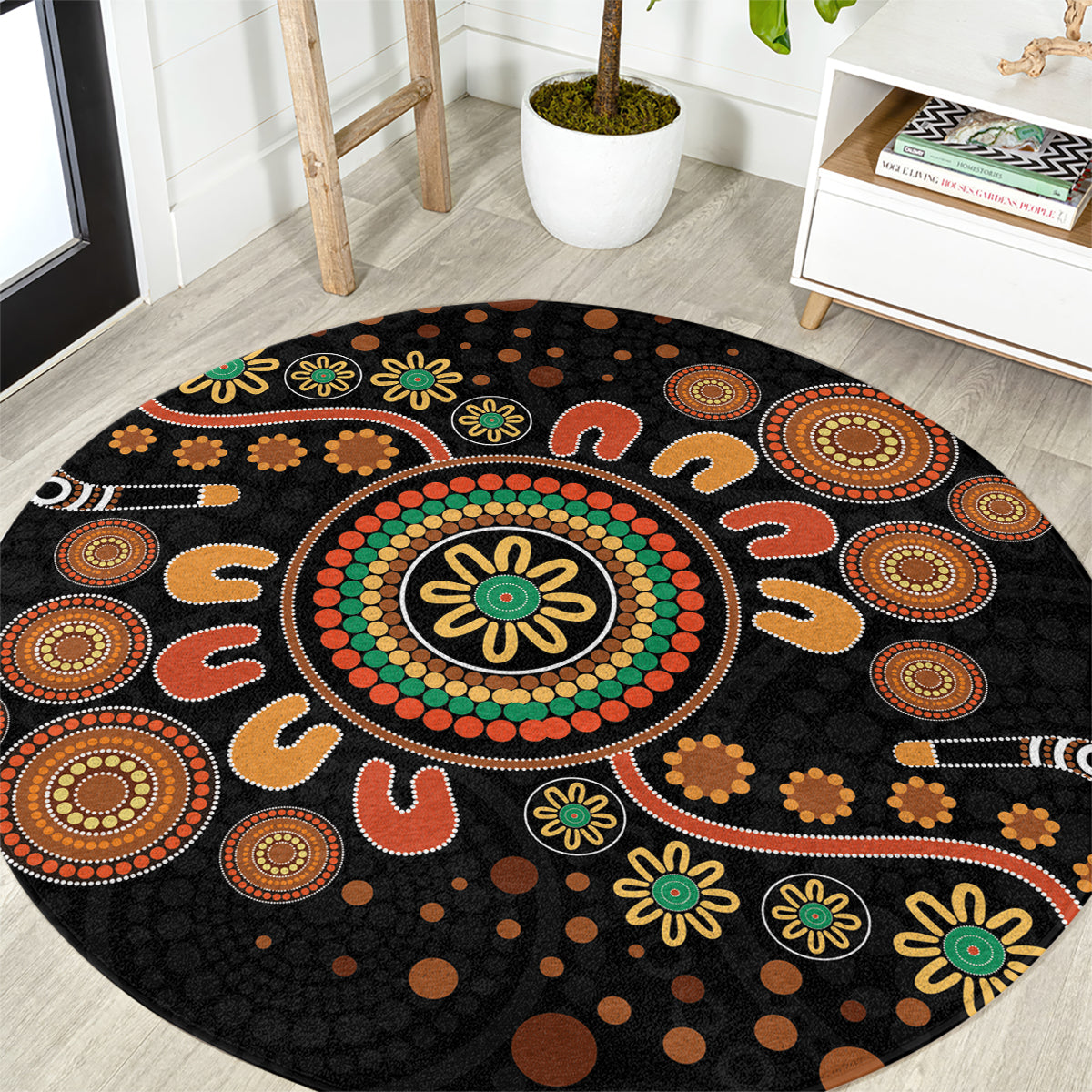 Aboriginal Dots Art Painting With Boomerang Round Carpet