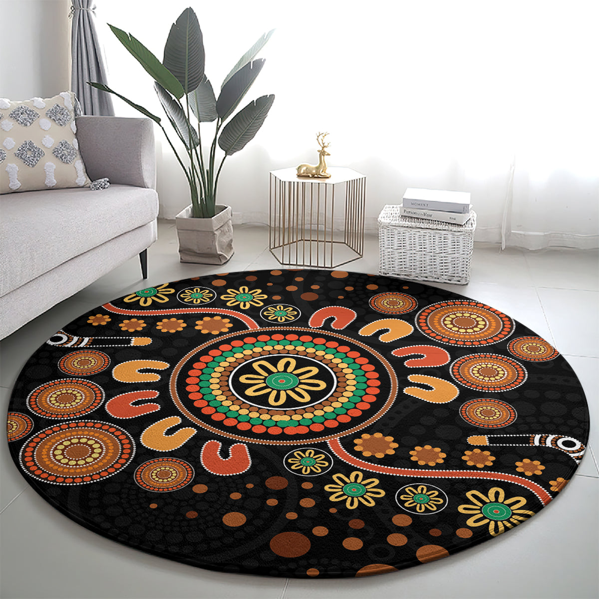Aboriginal Dots Art Painting With Boomerang Round Carpet