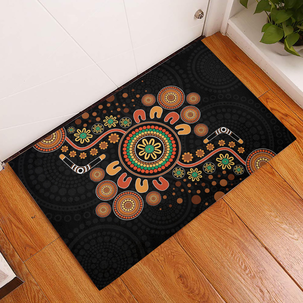 Aboriginal Dots Art Painting With Boomerang Rubber Doormat