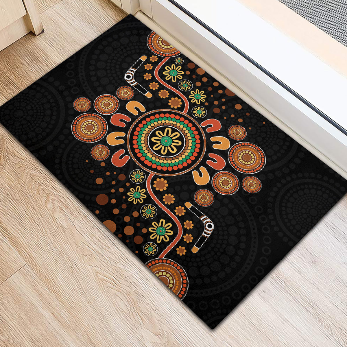 Aboriginal Dots Art Painting With Boomerang Rubber Doormat