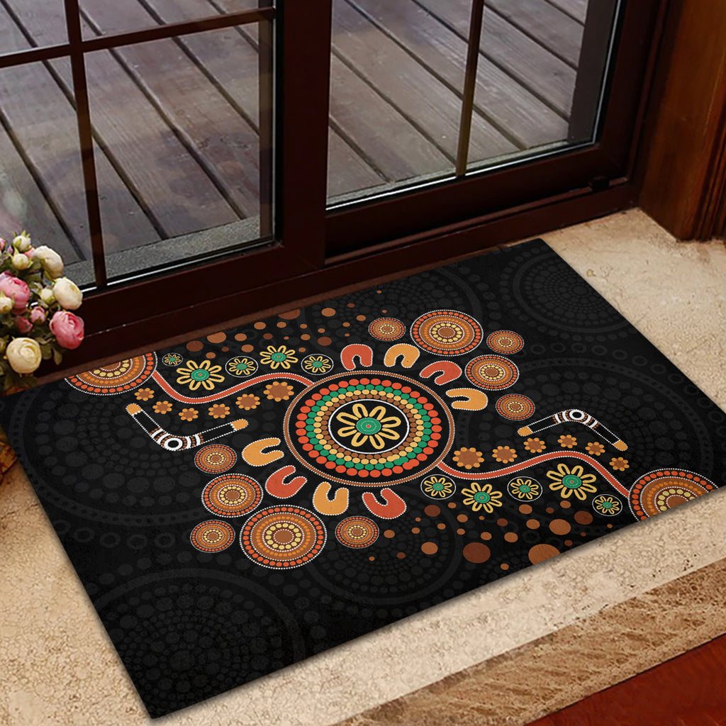 Aboriginal Dots Art Painting With Boomerang Rubber Doormat