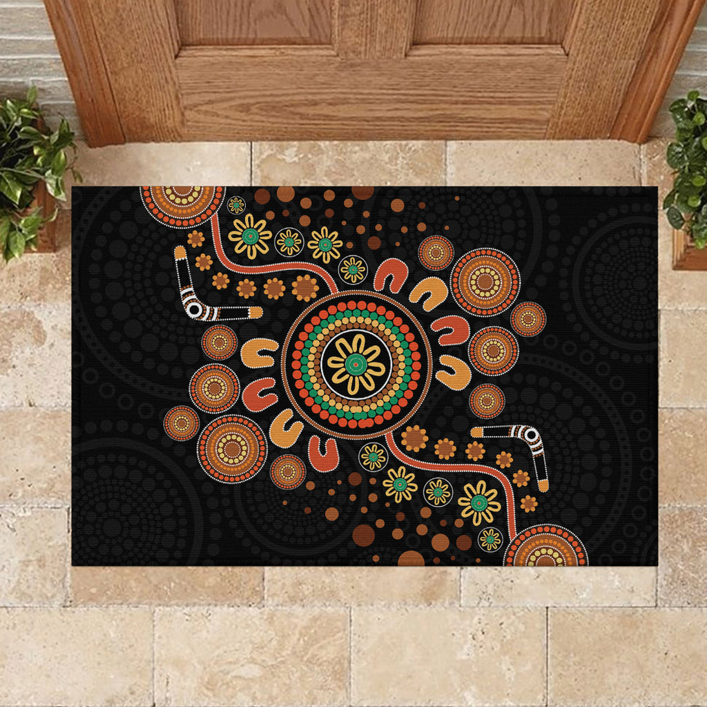Aboriginal Dots Art Painting With Boomerang Rubber Doormat